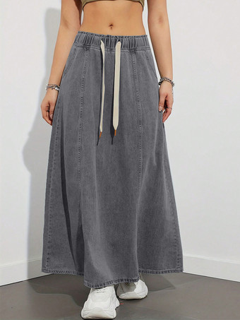 ドローストリングウエストデニムマキシスカート（レディース） - ポケット付きカジュアルAラインフレアロングスカート - 2026年春夏ホリデー