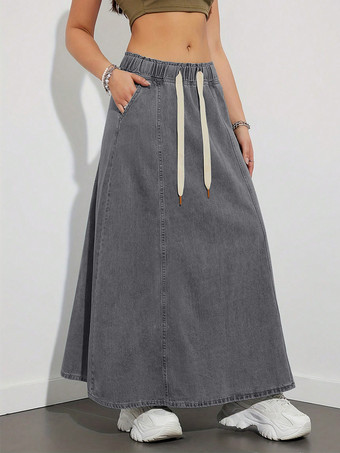 ドローストリングウエストデニムマキシスカート（レディース） - ポケット付きカジュアルAラインフレアロングスカート - 2026年春夏ホリデー
