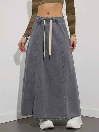 ドローストリングウエストデニムマキシスカート（レディース） - ポケット付きカジュアルAラインフレアロングスカート - 2026年春夏ホリデー