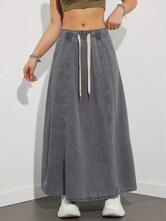 グレイドローストリングウエストデニムマキシスカート（レディース） - ポケット付きカジュアルAラインフレアロングスカート - 2026年春夏ホリデー