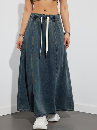 ドローストリングウエストデニムマキシスカート（レディース） - ポケット付きカジュアルAラインフレアロングスカート - 2026年春夏ホリデー