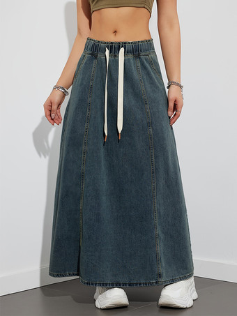 ディープブルードローストリングウエストデニムマキシスカート（レディース） - ポケット付きカジュアルAラインフレアロングスカート - 2026年春夏ホリデー
