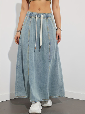 ドローストリングウエストデニムマキシスカート（レディース） - ポケット付きカジュアルAラインフレアロングスカート - 2026年春夏ホリデー
