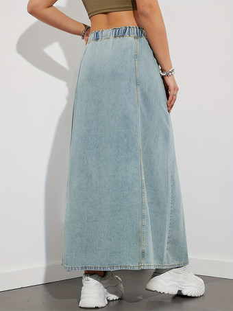 ドローストリングウエストデニムマキシスカート（レディース） - ポケット付きカジュアルAラインフレアロングスカート - 2026年春夏ホリデー