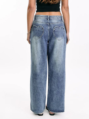 ハートポケット付きワイドレッグジーンズ（レディース） - アシッドウォッシュブルー Y2K バギーストレートデニムパンツ - 春のデートナイトストリートウェア 2026