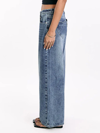 ハートポケット付きワイドレッグジーンズ（レディース） - アシッドウォッシュブルー Y2K バギーストレートデニムパンツ - 春のデートナイトストリートウェア 2026