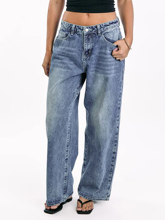 ハートポケット付きワイドレッグジーンズ（レディース） - アシッドウォッシュブルー Y2K バギーストレートデニムパンツ - 春のデートナイトストリートウェア 2026