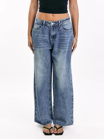 ハートポケット付きワイドレッグジーンズ（レディース） - アシッドウォッシュブルー Y2K バギーストレートデニムパンツ - 春のデートナイトストリートウェア 2026