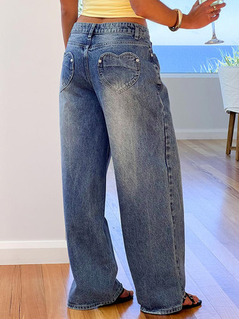 ハートポケット付きワイドレッグジーンズ（レディース） - アシッドウォッシュブルー Y2K バギーストレートデニムパンツ - 春のデートナイトストリートウェア 2026