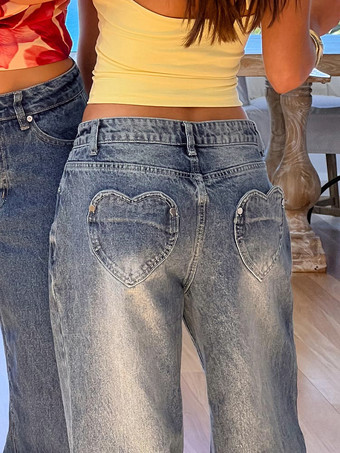 ハートポケット付きワイドレッグジーンズ（レディース） - アシッドウォッシュブルー Y2K バギーストレートデニムパンツ - 春のデートナイトストリートウェア 2026