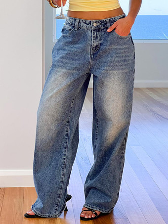 ブルー ハートポケット付きワイドレッグジーンズ（レディース） - アシッドウォッシュブルー Y2K バギーストレートデニムパンツ - 春のデートナイトストリートウェア 2026