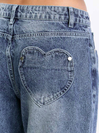 ハートポケット付きワイドレッグジーンズ（レディース） - アシッドウォッシュブルー Y2K バギーストレートデニムパンツ - 春のデートナイトストリートウェア 2026