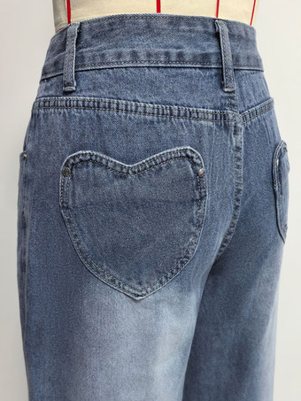 ハートポケット付きワイドレッグジーンズ（レディース） - アシッドウォッシュブルー Y2K バギーストレートデニムパンツ - 春のデートナイトストリートウェア 2026