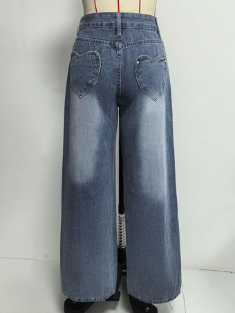 ハートポケット付きワイドレッグジーンズ（レディース） - アシッドウォッシュブルー Y2K バギーストレートデニムパンツ - 春のデートナイトストリートウェア 2026