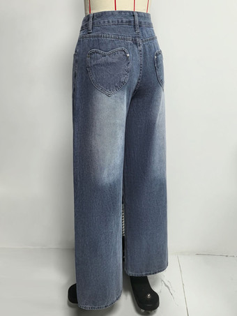 ハートポケット付きワイドレッグジーンズ（レディース） - アシッドウォッシュブルー Y2K バギーストレートデニムパンツ - 春のデートナイトストリートウェア 2026