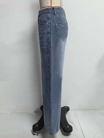 ハートポケット付きワイドレッグジーンズ（レディース） - アシッドウォッシュブルー Y2K バギーストレートデニムパンツ - 春のデートナイトストリートウェア 2026