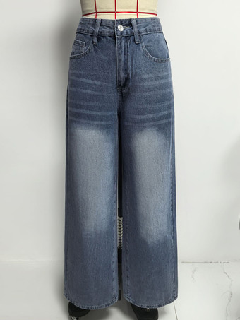 ハートポケット付きワイドレッグジーンズ（レディース） - アシッドウォッシュブルー Y2K バギーストレートデニムパンツ - 春のデートナイトストリートウェア 2026