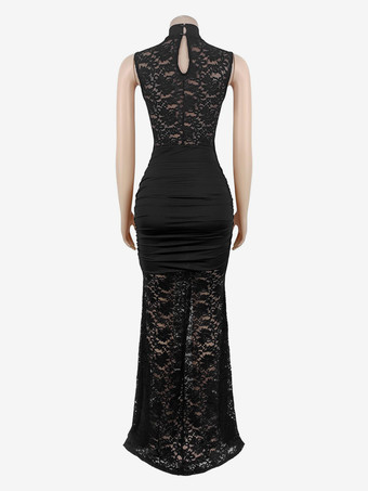 セクシーなレースカットアウトマキシドレス（女性用） - ハイカットスリット入りギャザーボディコンイブニングガウン - 夏の夜のクラブパーティーに最適 2026