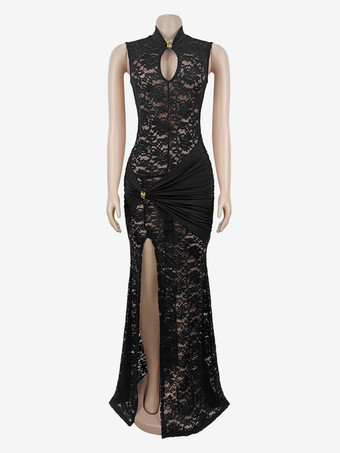 セクシーなレースカットアウトマキシドレス（女性用） - ハイカットスリット入りギャザーボディコンイブニングガウン - 夏の夜のクラブパーティーに最適 2026