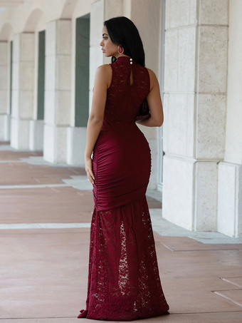 セクシーなレースカットアウトマキシドレス（女性用） - ハイカットスリット入りギャザーボディコンイブニングガウン - 夏の夜のクラブパーティーに最適 2026