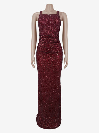 キラキラ輝くスパンコールのマキシ丈フォーマルドレス（女性用） - スクエアネック、スリムフィット、バックレースアップ、ボディコン、マーメイドガウン - 2026年夏のガラパーティー・プロム