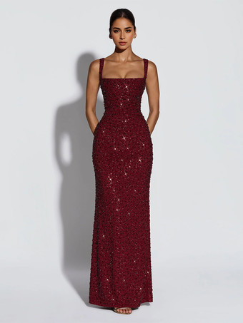 キラキラ輝くスパンコールのマキシ丈フォーマルドレス（女性用） - スクエアネック、スリムフィット、バックレースアップ、ボディコン、マーメイドガウン - 2026年夏のガラパーティー・プロム
