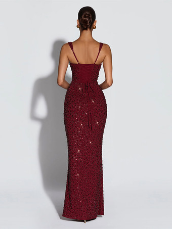 キラキラ輝くスパンコールのマキシ丈フォーマルドレス（女性用） - スクエアネック、スリムフィット、バックレースアップ、ボディコン、マーメイドガウン - 2026年夏のガラパーティー・プロム