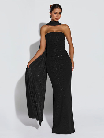 グリッターチューブマキシドレス（女性用） - セクシーな背中開きロングボディコンガウン（スカーフ付き） - 夏のイブニングフォーマル 2026