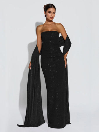 ブラック グリッターチューブマキシドレス（女性用） - セクシーな背中開きロングボディコンガウン（スカーフ付き） - 夏のイブニングフォーマル 2026