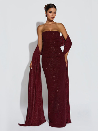 ワインレッド グリッターチューブマキシドレス（女性用） - セクシーな背中開きロングボディコンガウン（スカーフ付き） - 夏のイブニングフォーマル 2026