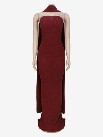 グリッターチューブマキシドレス（女性用） - セクシーな背中開きロングボディコンガウン（スカーフ付き） - 夏のイブニングフォーマル 2026