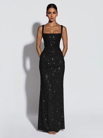 ブラック キラキラ輝くスパンコールのマキシ丈フォーマルドレス（女性用） - スクエアネック、スリムフィット、バックレースアップ、ボディコン、マーメイドガウン - 2026年夏のガラパーティー・プロム