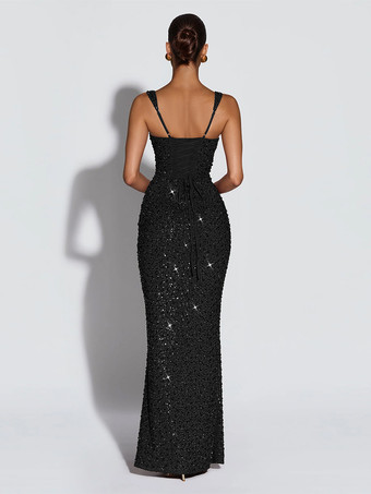 キラキラ輝くスパンコールのマキシ丈フォーマルドレス（女性用） - スクエアネック、スリムフィット、バックレースアップ、ボディコン、マーメイドガウン - 2026年夏のガラパーティー・プロム