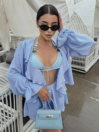 ボヘミアン風フリル付きレディースツーピースセット - 長袖フロントタイクロップトップとショートパンツ - 夏のビーチバケーションコーデ 2026