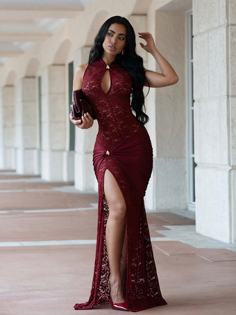 ワインレッド セクシーなレースカットアウトマキシドレス（女性用） - ハイカットスリット入りギャザーボディコンイブニングガウン - 夏の夜のクラブパーティーに最適 2026