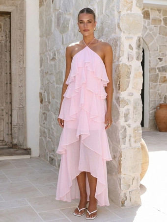 ライトピンクホルターネックフリルマキシドレス（レディース） - エレガントな背中開きティアードシフォンハイローサマードレス - 夏のデートナイト衣装 2026