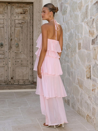 ホルターネックフリルマキシドレス（レディース） - エレガントな背中開きティアードシフォンハイローサマードレス - 夏のデートナイト衣装 2026