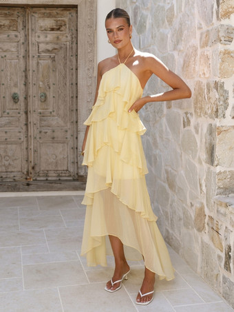 ベージュホルターネックフリルマキシドレス（レディース） - エレガントな背中開きティアードシフォンハイローサマードレス - 夏のデートナイト衣装 2026