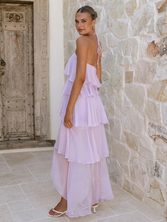 ホルターネックフリルマキシドレス（レディース） - エレガントな背中開きティアードシフォンハイローサマードレス - 夏のデートナイト衣装 2026