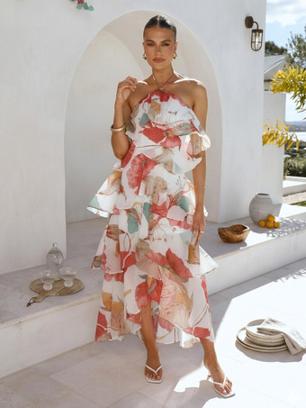 ホワイト ホルターネックフリルマキシドレス（レディース） - エレガントな背中開きティアードシフォンハイローサマードレス - 夏のデートナイト衣装 2026