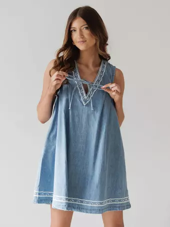 Embroidered Denim Mini Dress For Women - Casual V Neck Tie Front Loose Babydoll Sun Dress With Pockets - Summer Beach Vacation 2026 - Milanoo.com Embroidered Denim Mini Dress For Women - Casual V Neck Tie Front Loose Babydoll Sun Dress With Pockets - Summer Beach Vacation 2026 - Milanoo.com