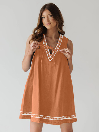 オレンジ 刺繍入りデニムミニドレス（レディース） - カジュアルなVネックタイフロントルーズベビードールサマードレス（ポケット付き） - 夏のビーチバケーション2026