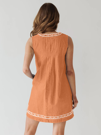 刺繍入りデニムミニドレス（レディース） - カジュアルなVネックタイフロントルーズベビードールサマードレス（ポケット付き） - 夏のビーチバケーション2026