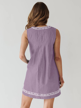 刺繍入りデニムミニドレス（レディース） - カジュアルなVネックタイフロントルーズベビードールサマードレス（ポケット付き） - 夏のビーチバケーション2026