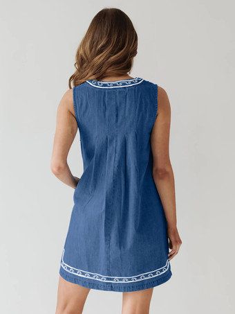 刺繍入りデニムミニドレス（レディース） - カジュアルなVネックタイフロントルーズベビードールサマードレス（ポケット付き） - 夏のビーチバケーション2026