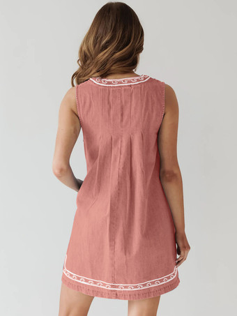 刺繍入りデニムミニドレス（レディース） - カジュアルなVネックタイフロントルーズベビードールサマードレス（ポケット付き） - 夏のビーチバケーション2026