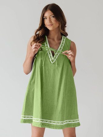 グラスグリーン刺繍入りデニムミニドレス（レディース） - カジュアルなVネックタイフロントルーズベビードールサマードレス（ポケット付き） - 夏のビーチバケーション2026