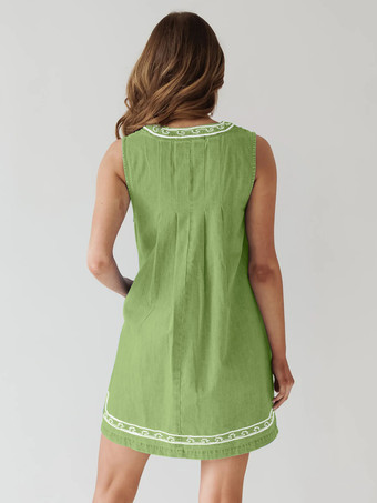 刺繍入りデニムミニドレス（レディース） - カジュアルなVネックタイフロントルーズベビードールサマードレス（ポケット付き） - 夏のビーチバケーション2026