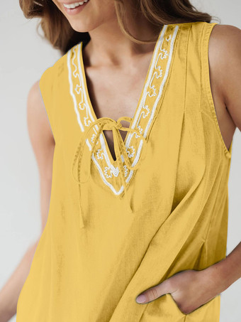 刺繍入りデニムミニドレス（レディース） - カジュアルなVネックタイフロントルーズベビードールサマードレス（ポケット付き） - 夏のビーチバケーション2026