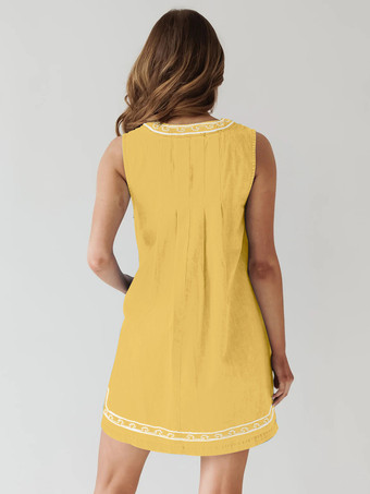 刺繍入りデニムミニドレス（レディース） - カジュアルなVネックタイフロントルーズベビードールサマードレス（ポケット付き） - 夏のビーチバケーション2026